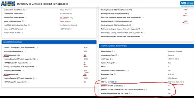 AHRI certificate for the Classic America MSCT-09HAC1 mini split with ratings and ENERGY STAR details highlighted