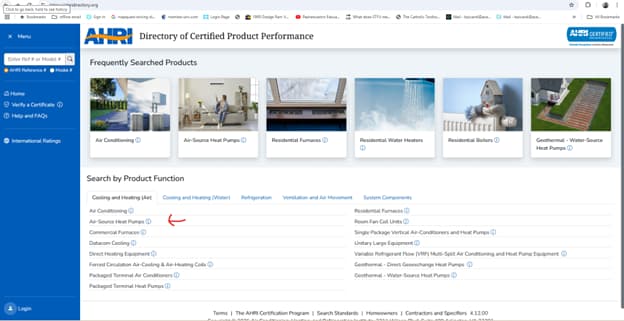 AHRI Directory of Certified Product Performance home page with Air-Source Heat Pumps marked