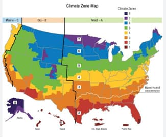 U.S. climate zone map showing zones 1 to 8 across marine, dry and moist regions