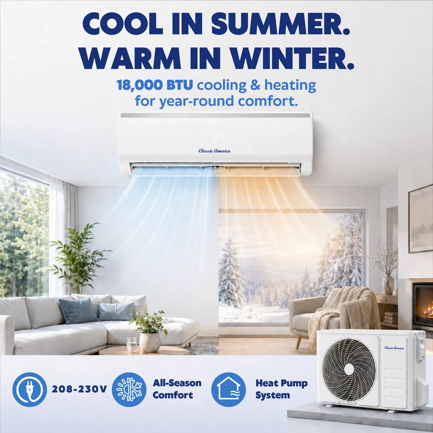 18,000 BTU cooling and heating for year-round comfort