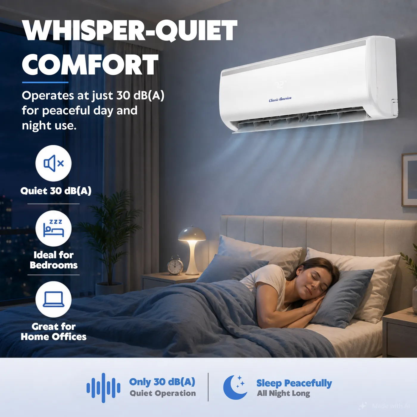 Whisper-quiet indoor unit for bedrooms and offices