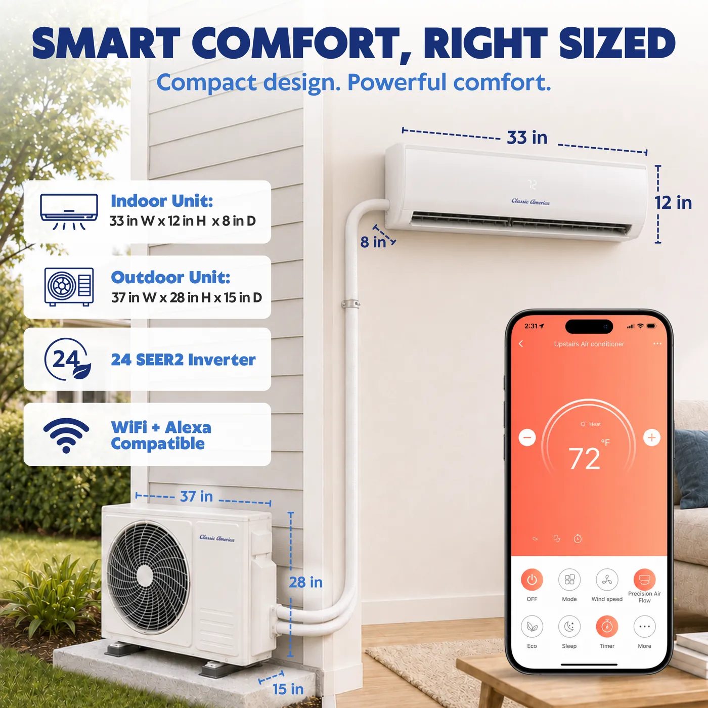Indoor and outdoor unit dimensions