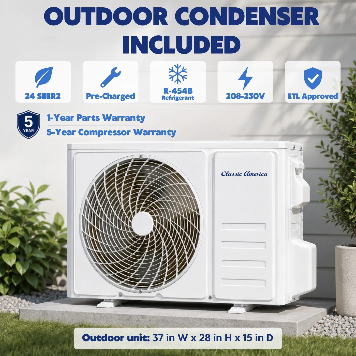 Outdoor condenser included, with warranty and refrigerant details