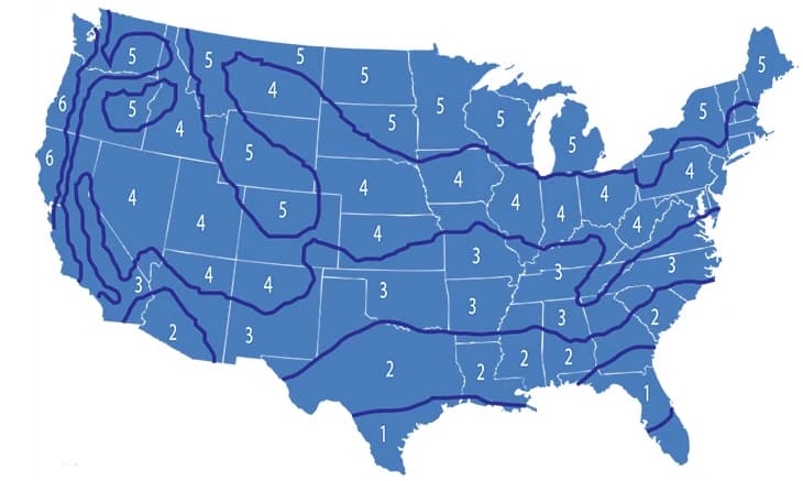 U.S. map of the heat pump HSPF heating regions 1 to 6, from Region 1 along the Gulf Coast to Region 5 across the northern states
