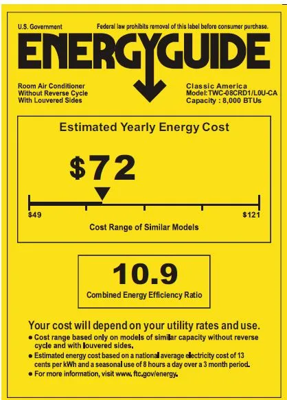 EnergyGuide label, 8,000 BTU Window Air Conditioner with WiFi