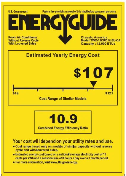 EnergyGuide label, 12,000 BTU Window Air Conditioner with WiFi