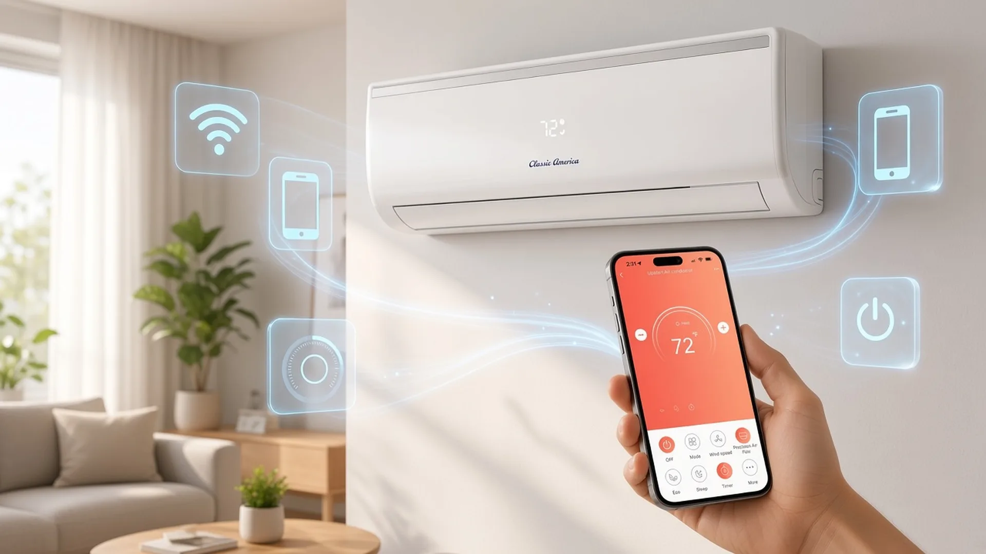 A hand holds a phone with a temperature dial in front of a Classic America wall unit showing 72, with Wi-Fi, phone, and power icons around it.