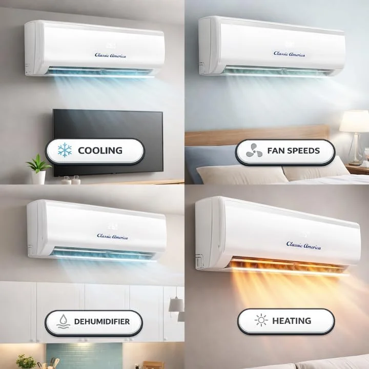 Five mode icons: cool, heat, dry, fan, and auto