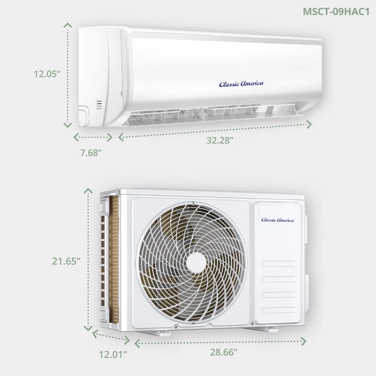 Dimension drawing of the 9,000 BTU indoor and outdoor units