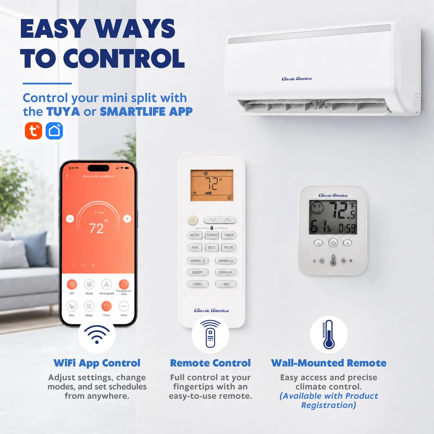 Tuya or Smart Life app, remote and wall-mounted remote control